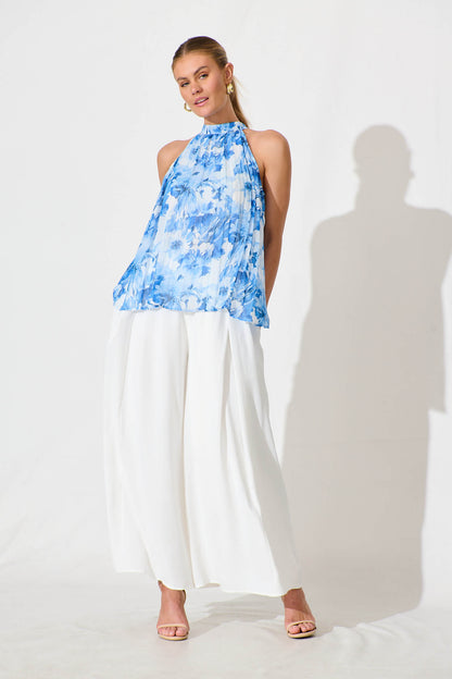 Roxie Top in White and Blue Floral Chiffon