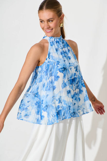 Roxie Top in White and Blue Floral Chiffon