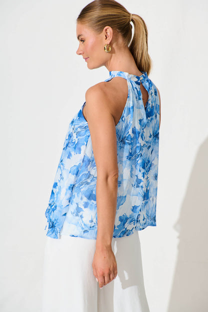 Roxie Top in White and Blue Floral Chiffon