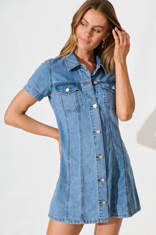 Laurence Shirt Dress in Light Blue Denim