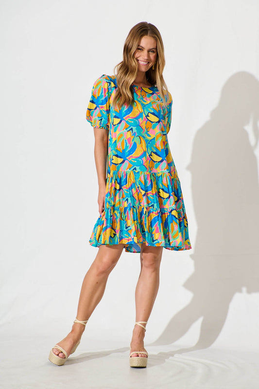 Nyla Smock Dress in Blue Multi