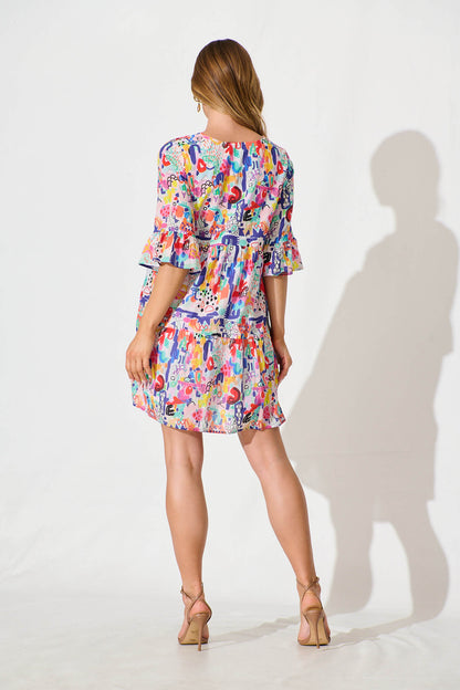 Imane Smock Dress in White with Multi Print