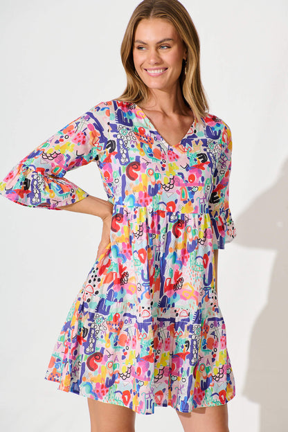 Imane Smock Dress in White with Multi Print