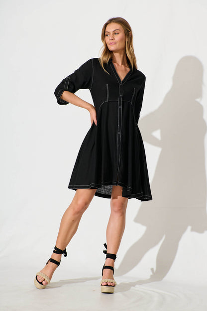 Cyrene Dress in Black Linen Blend
