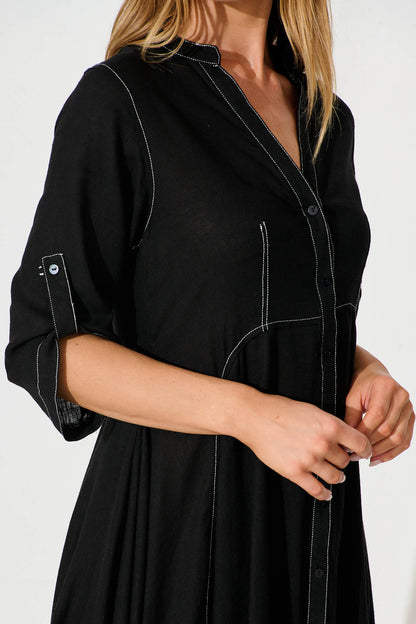 Cyrene Dress in Black Linen Blend