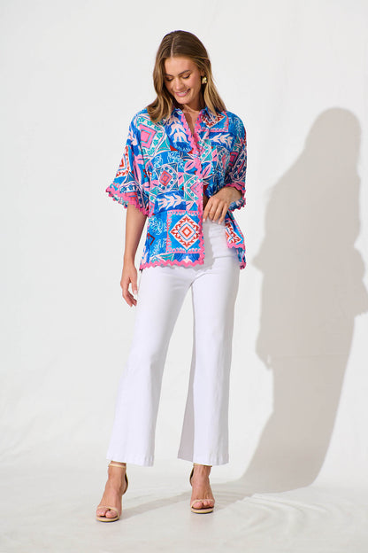 Dream Girl Shirt in Pink and Blue Multi with Ric Rac Trim