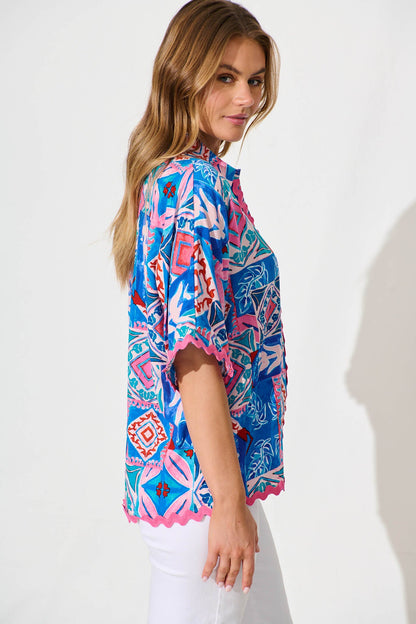 Dream Girl Shirt in Pink and Blue Multi with Ric Rac Trim