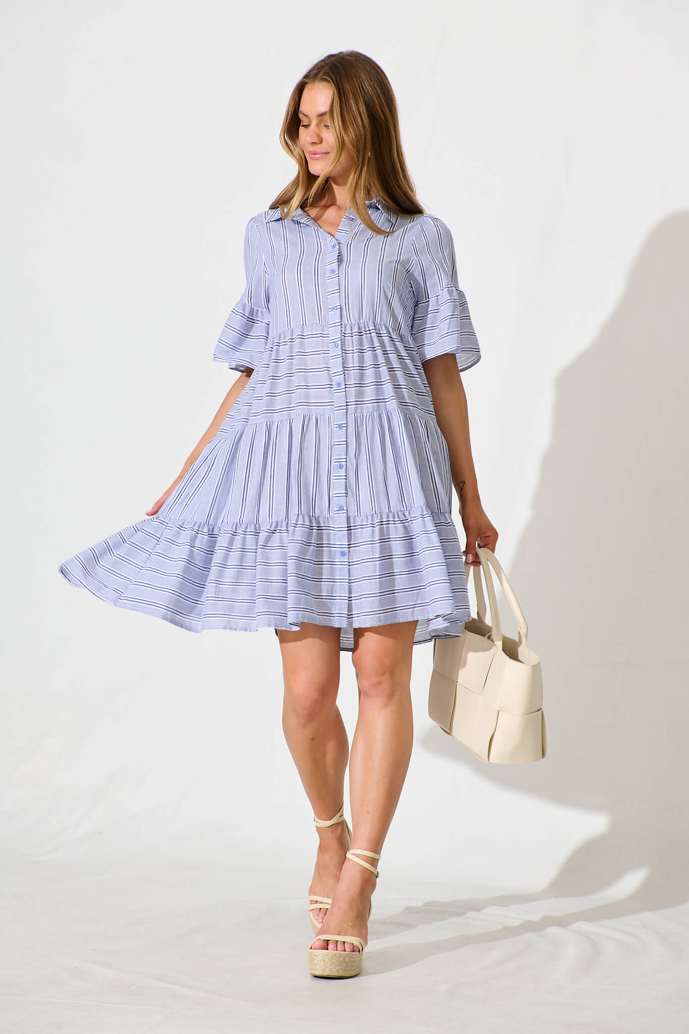 Glorianna Smock Dress In Blue With White Stripe Cotton