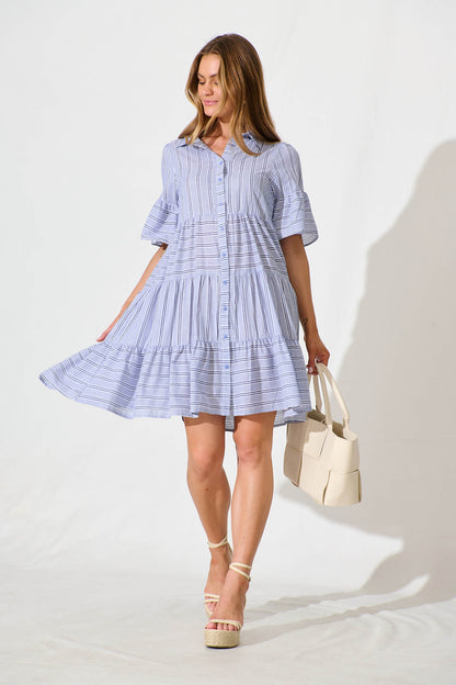 Glorianna Smock Dress In Blue With White Stripe Cotton