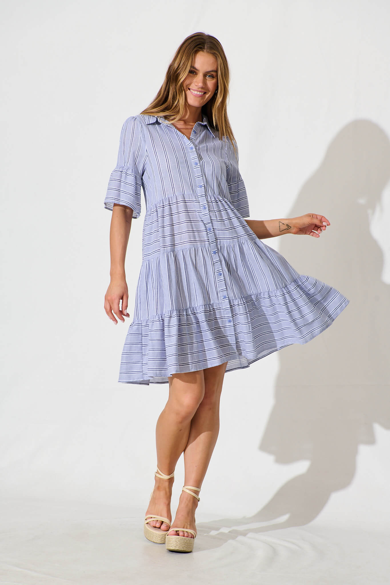 Glorianna Smock Dress In Blue With White Stripe Cotton