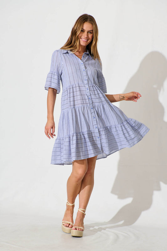 Glorianna Smock Dress In Blue With White Stripe Cotton