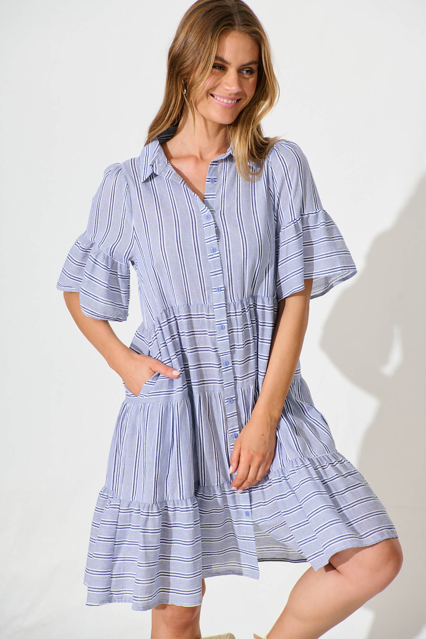 Glorianna Smock Dress In Blue With White Stripe Cotton