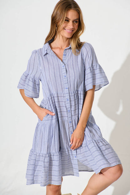 Glorianna Smock Dress In Blue With White Stripe Cotton