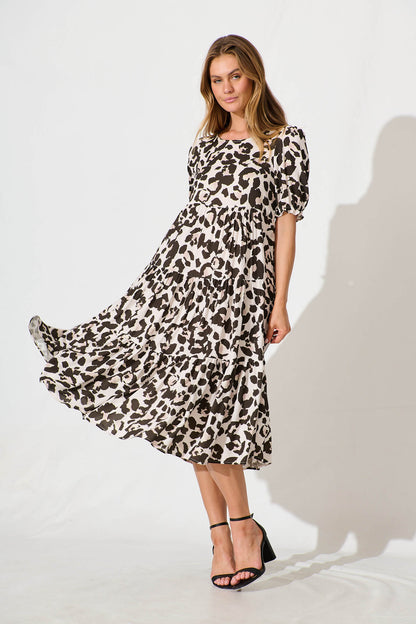Nevi Tiered Midi Dress In Brown Leopard Print