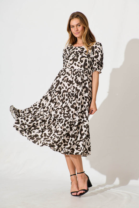 Nevi Tiered Midi Dress In Brown Leopard Print