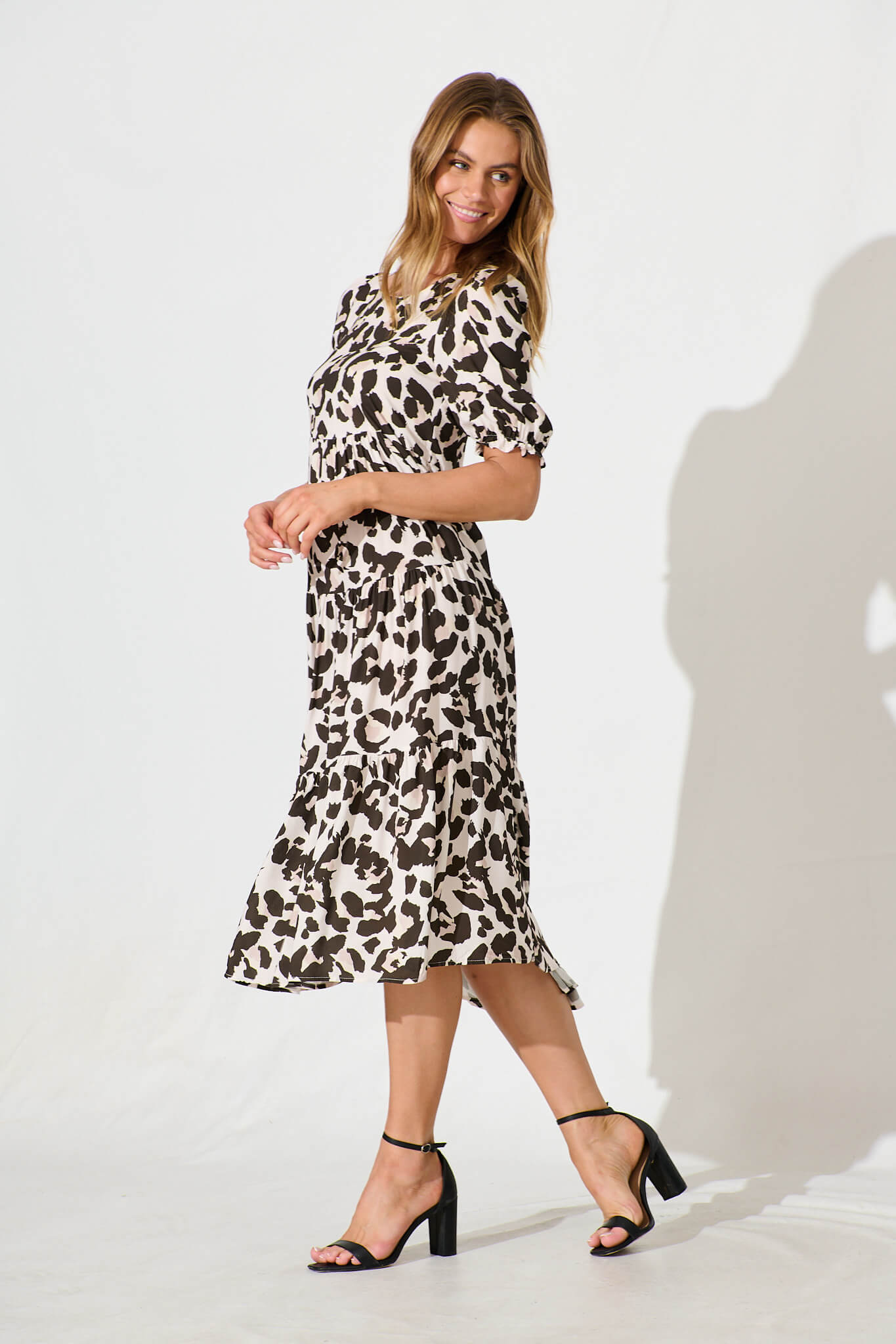 Nevi Tiered Midi Dress In Brown Leopard Print