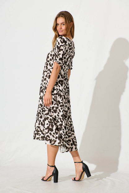 Nevi Tiered Midi Dress In Brown Leopard Print