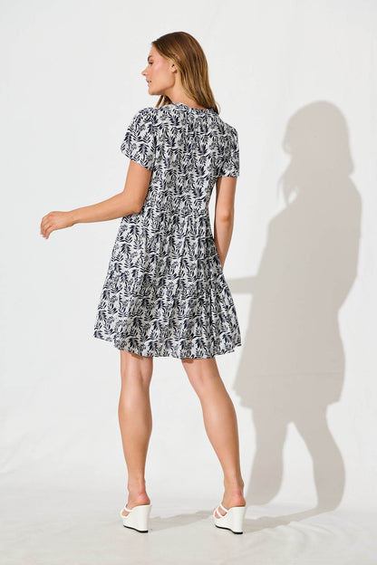 Livingston Smock Dress in White with Navy Leaf