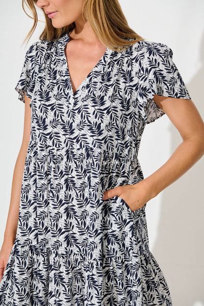 Livingston Smock Dress in White with Navy Leaf