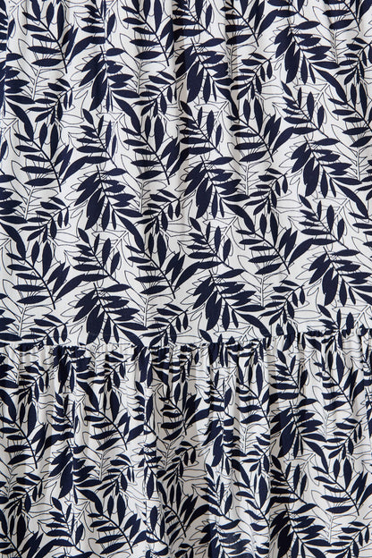 Livingston Smock Dress in White with Navy Leaf