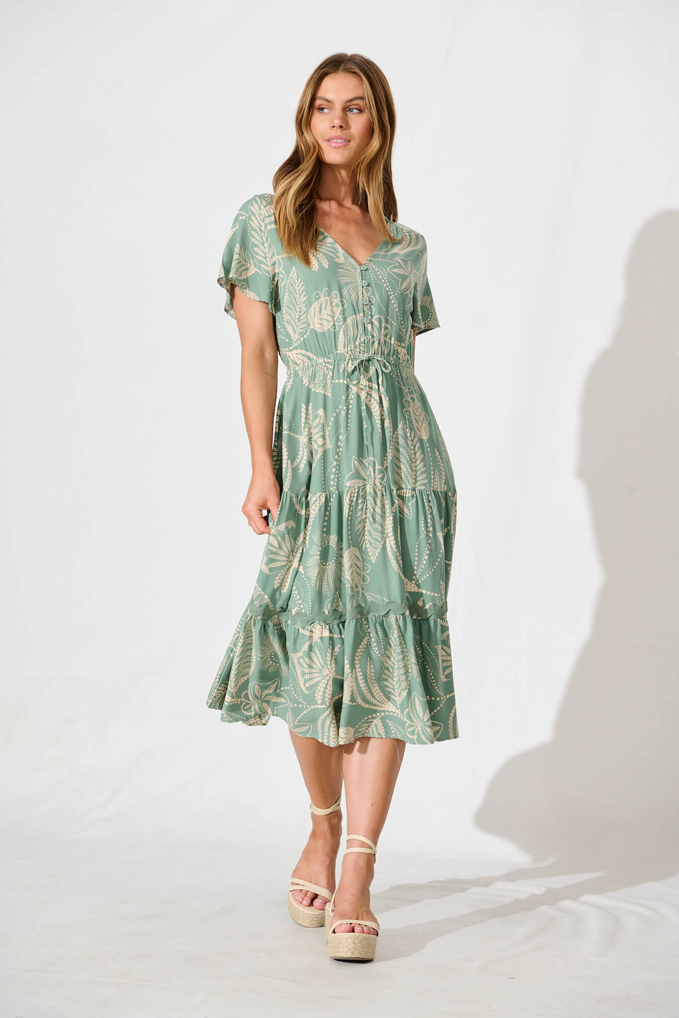Laconia Midi Dress In Khaki Print with Ric Rac Trim