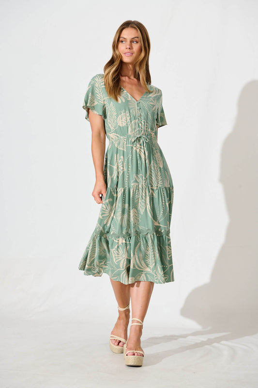 Laconia Midi Dress In Khaki Print with Ric Rac Trim