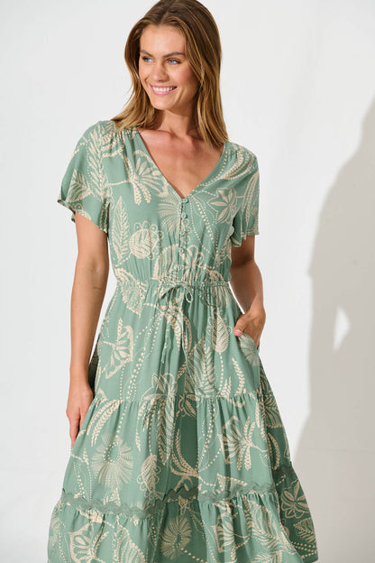 Laconia Midi Dress In Khaki Print with Ric Rac Trim