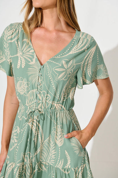 Laconia Midi Dress In Khaki Print with Ric Rac Trim