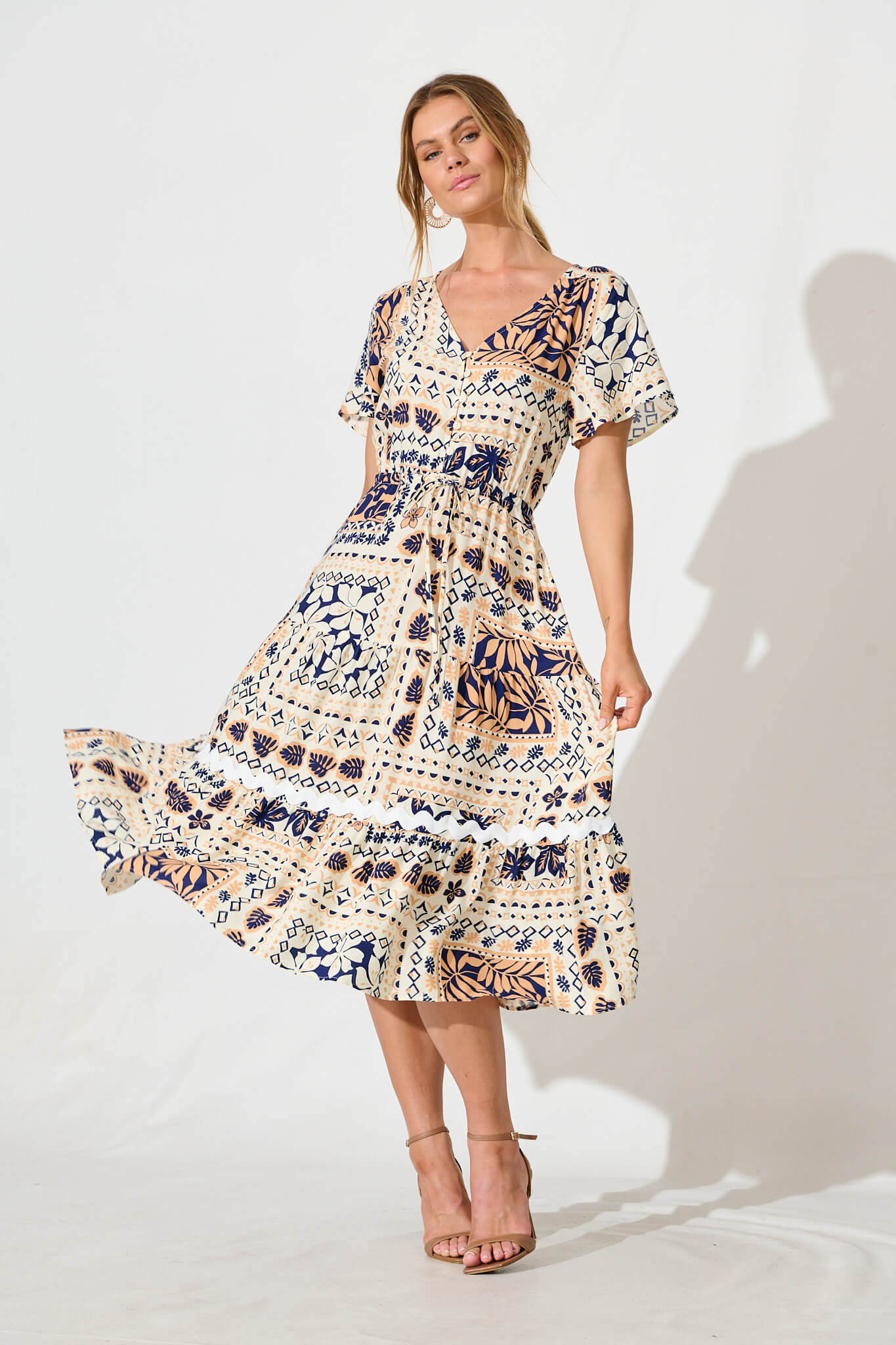 Laconia Midi Dress in Cream and Navy Patchwork with Ric Rac Trim
