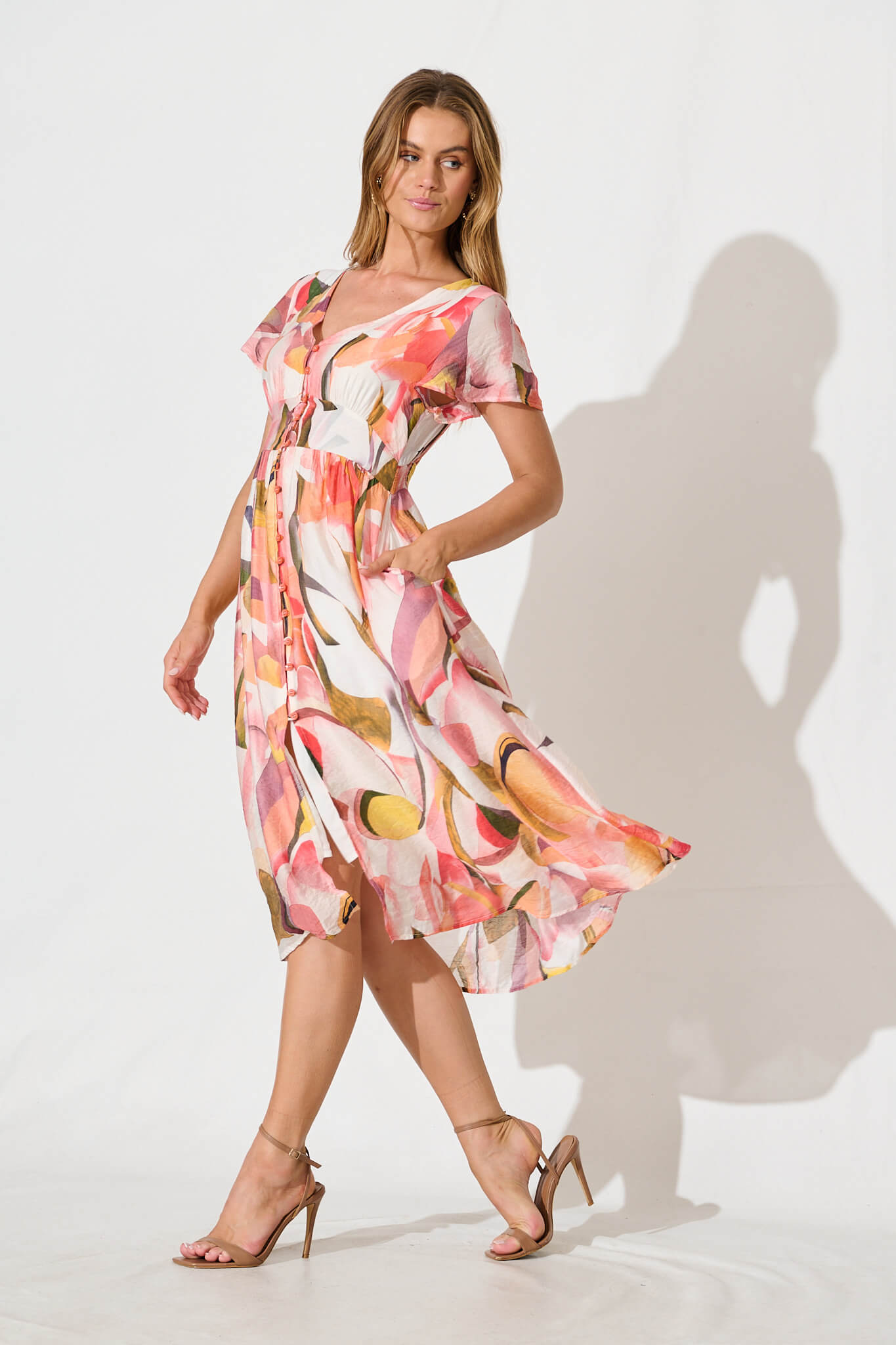 Jocely Midi Dress in White with Multi Floral