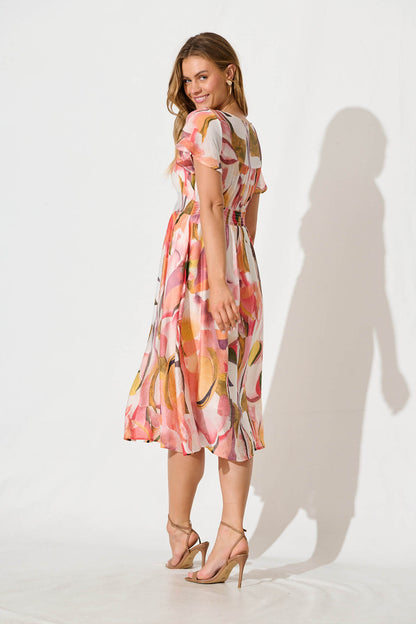 Jocely Midi Dress in White with Multi Floral