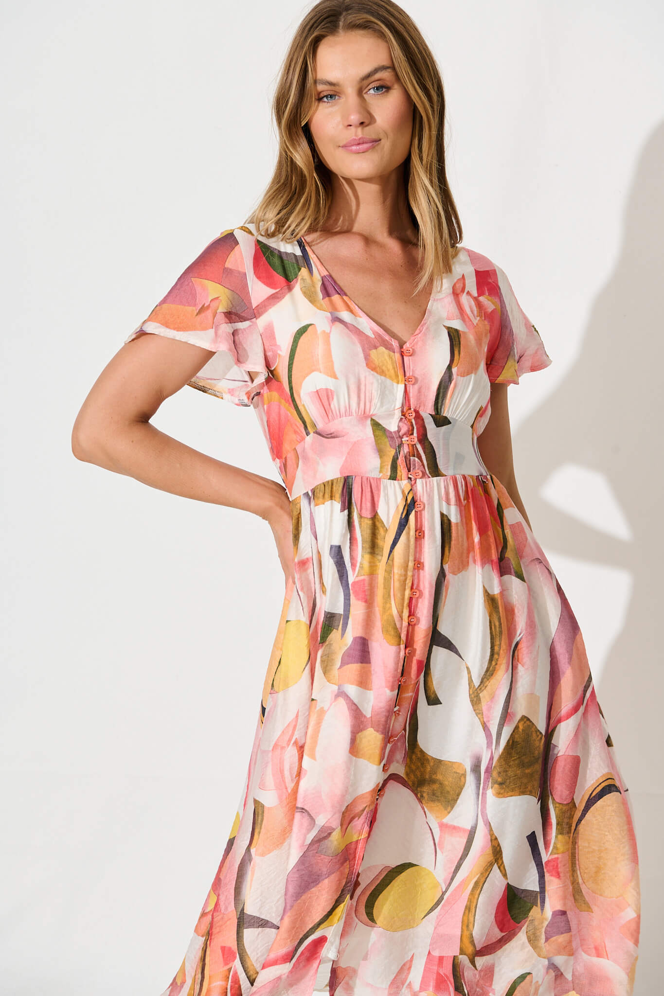 Jocely Midi Dress in White with Multi Floral