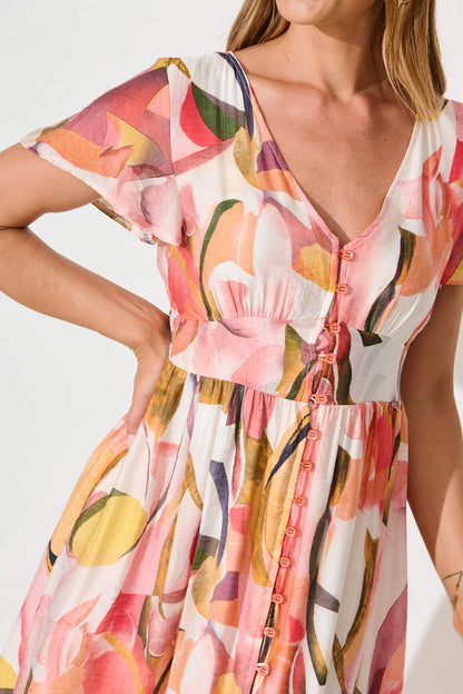 Jocely Midi Dress in White with Multi Floral