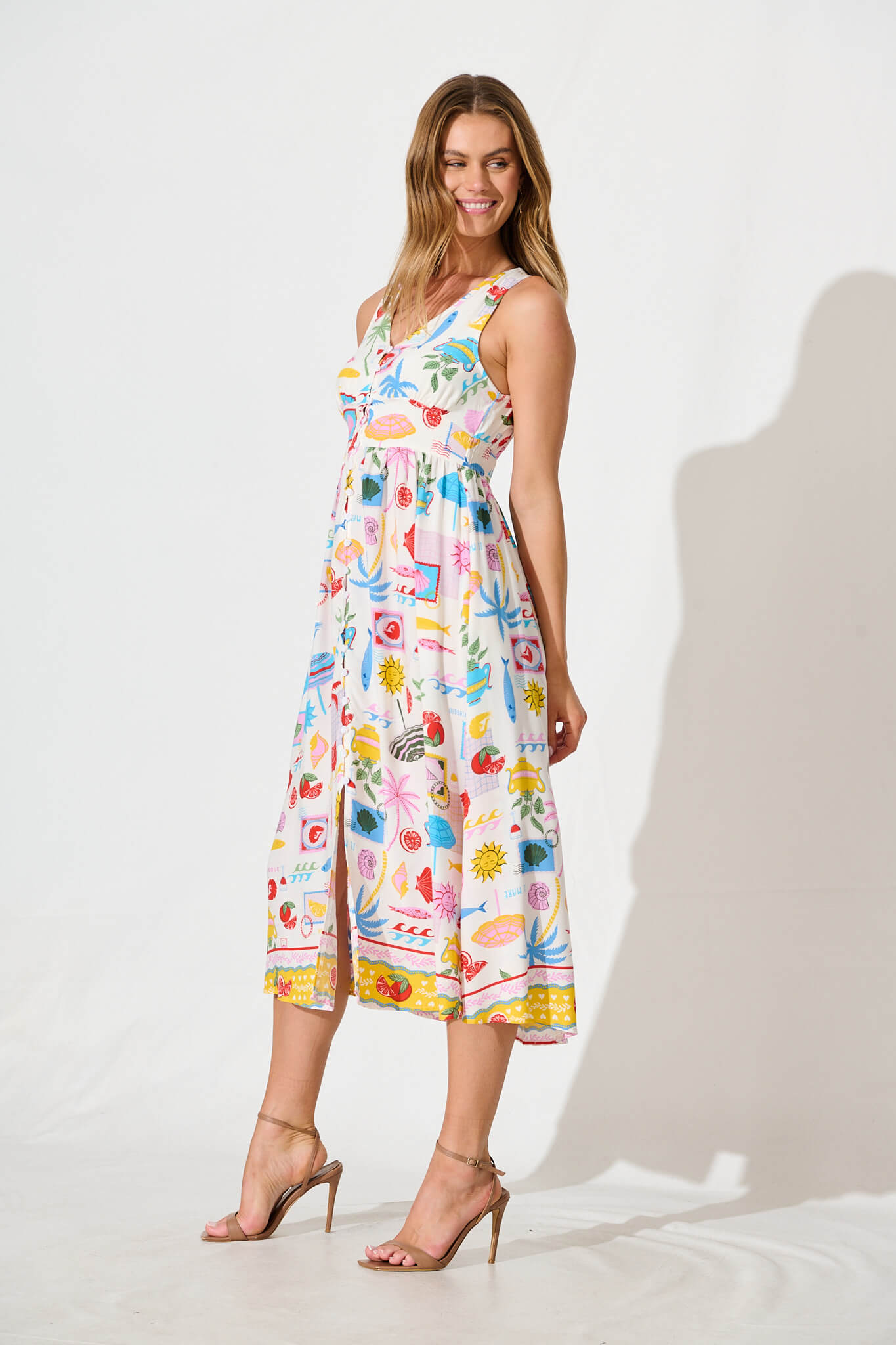 Ryland Midi Dress in White with Multi Conversational Print