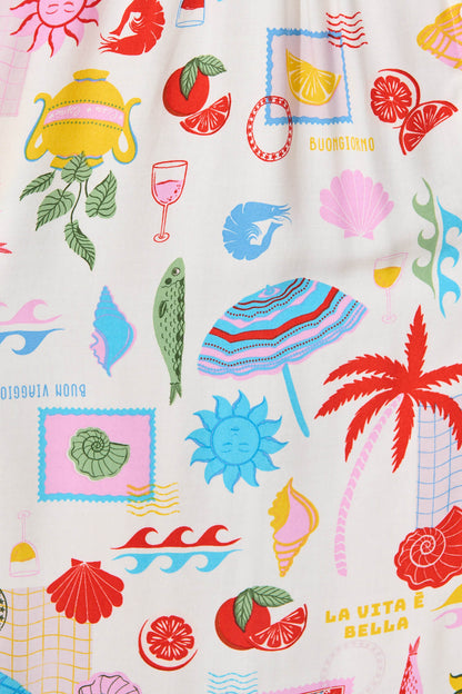 Ryland Midi Dress in White with Multi Conversational Print