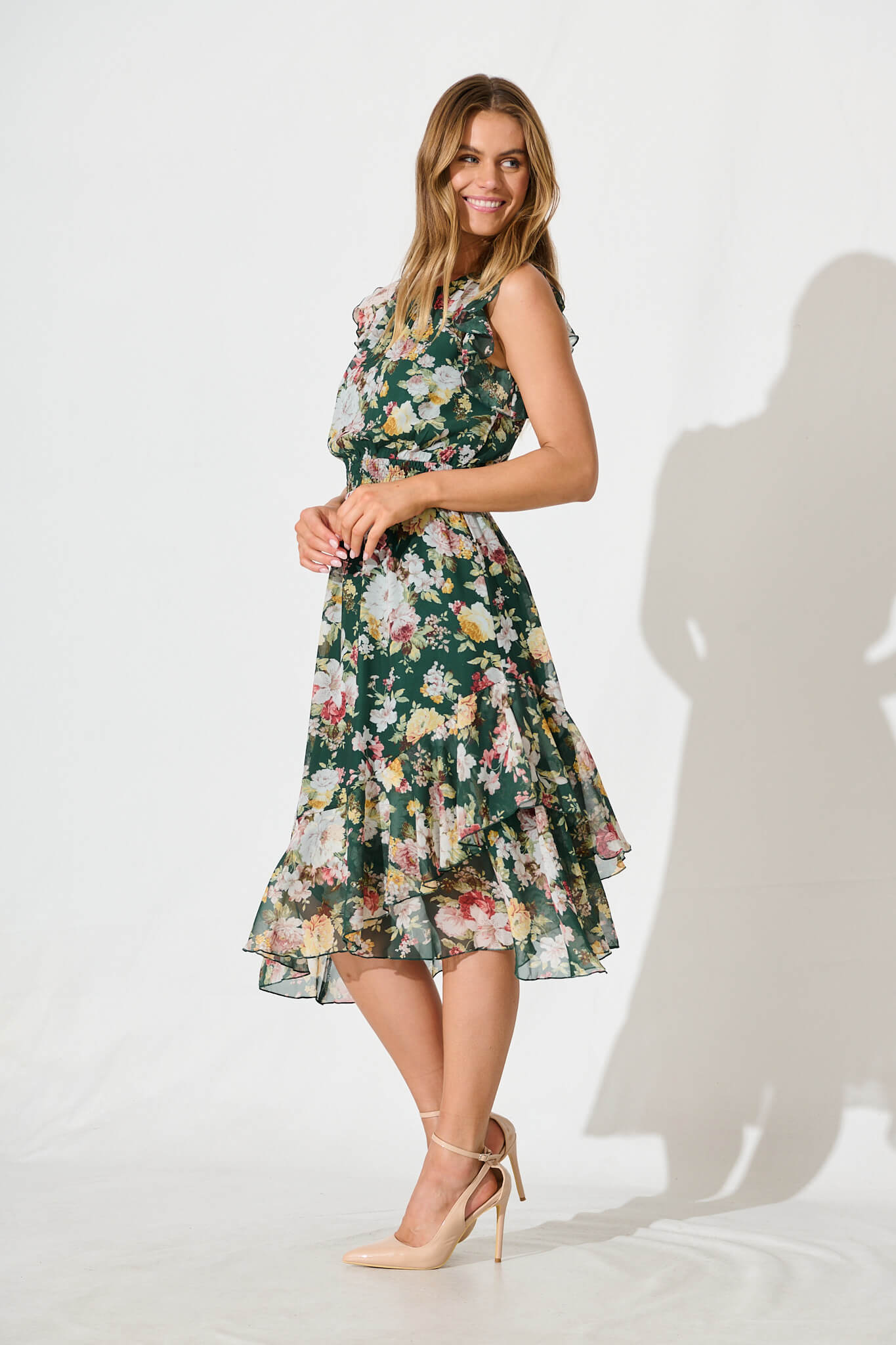 Inaya Midi Dress in Emerald with Multi Floral Chiffon