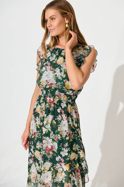 Inaya Midi Dress in Emerald with Multi Floral Chiffon