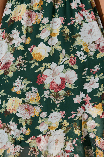 Inaya Midi Dress in Emerald with Multi Floral Chiffon