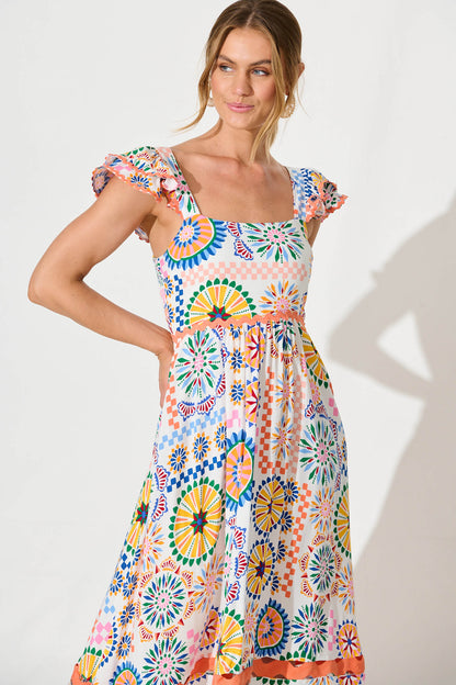 Miami Midi Dress in White Multi Print with Ric Rac Trim