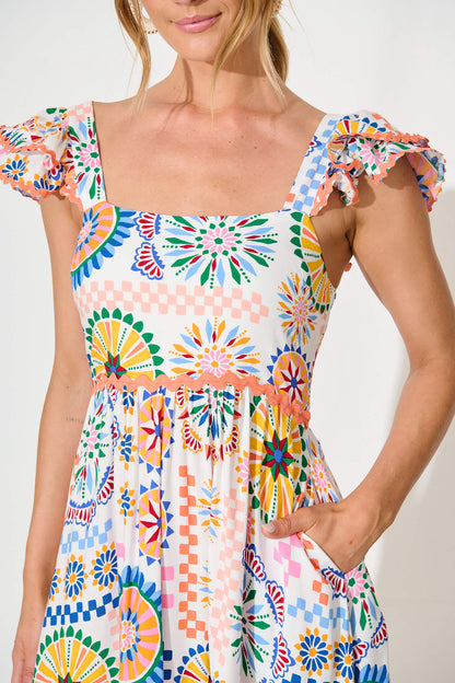 Miami Midi Dress in White Multi Print with Ric Rac Trim