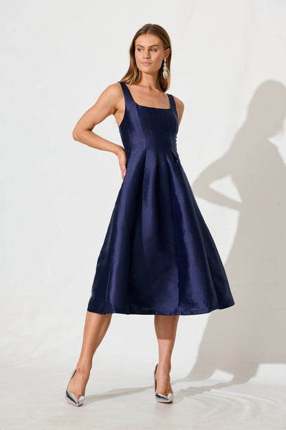 Maricelle Midi Dress in Navy Sateen
