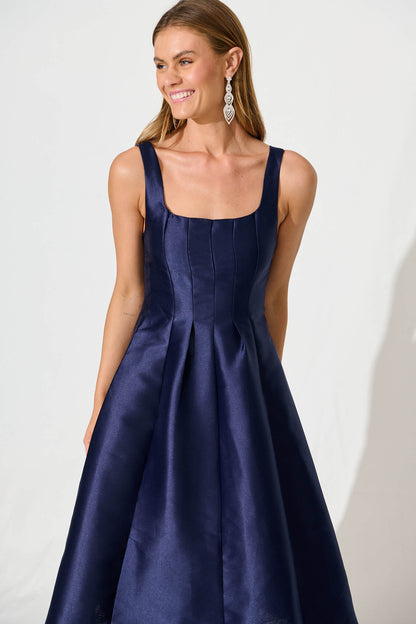 Maricelle Midi Dress in Navy Sateen