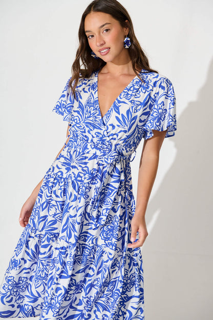 Kristianne Midi Dress In White With Blue Floral
