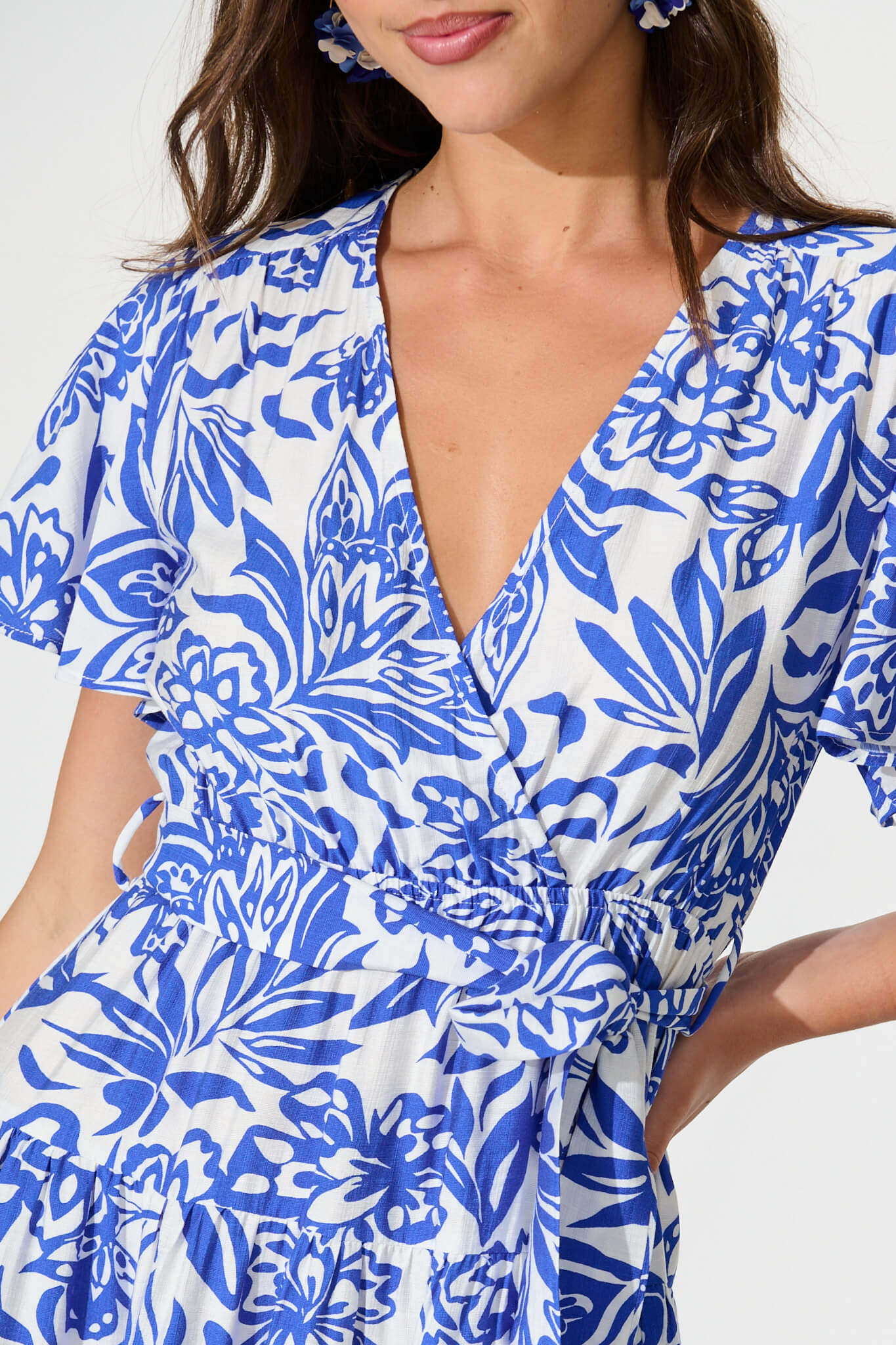 Kristianne Midi Dress In White With Blue Floral