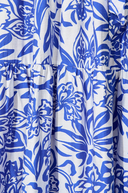 Kristianne Midi Dress In White With Blue Floral