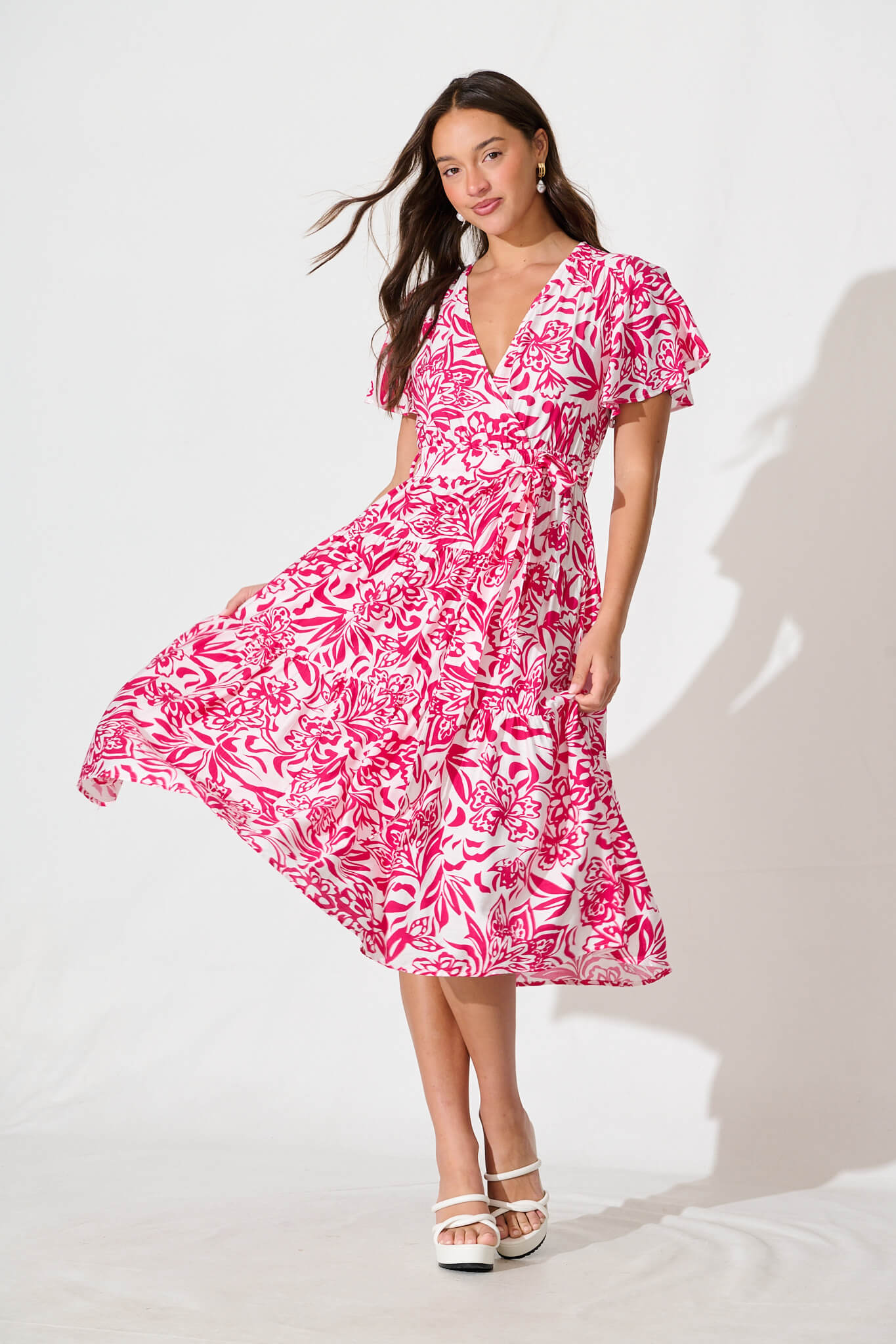 Kristianne Midi Dress In White With Pink Floral