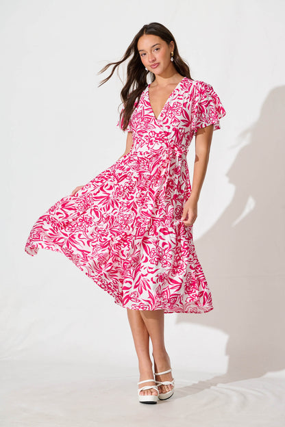 Kristianne Midi Dress In White With Pink Floral