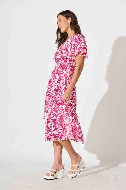 Kristianne Midi Dress In White With Pink Floral