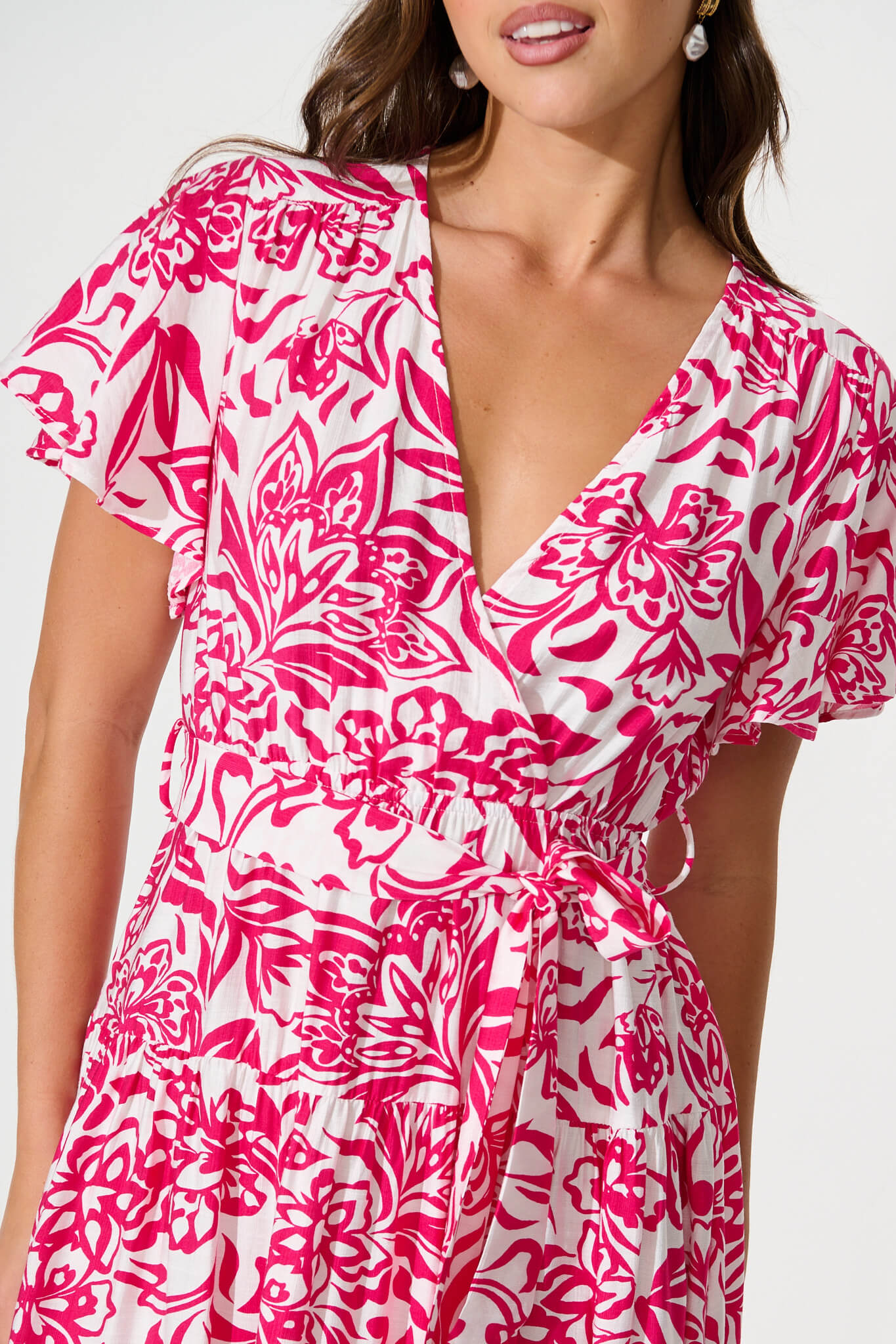 Kristianne Midi Dress In White With Pink Floral