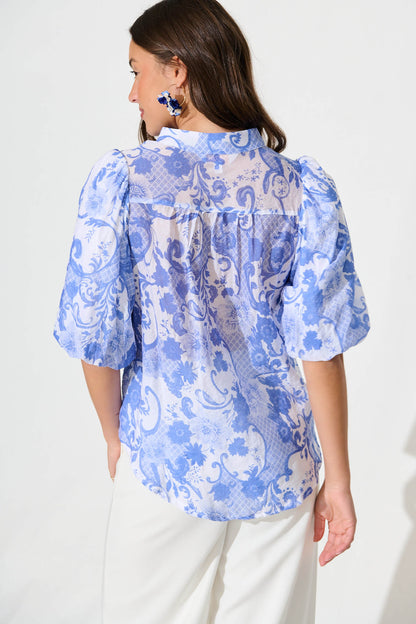 Prudence Shirt in Blue with White Print